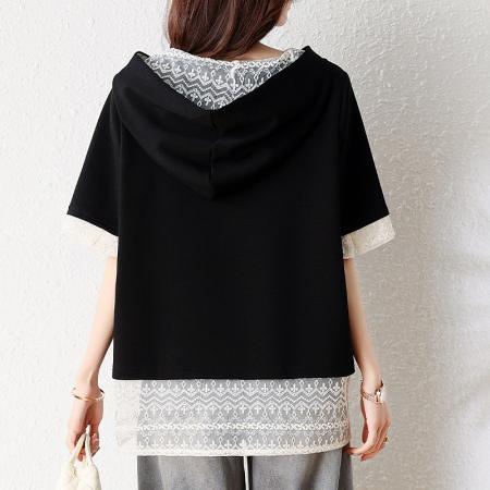 BY16338# 夏季新款韩版刺绣蕾丝拼接设计假两件大码连帽T恤女短袖 服裝批發女裝批發服飾貨源
