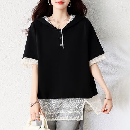 BY16338# 夏季新款韩版刺绣蕾丝拼接设计假两件大码连帽T恤女短袖 服裝批發女裝批發服飾貨源