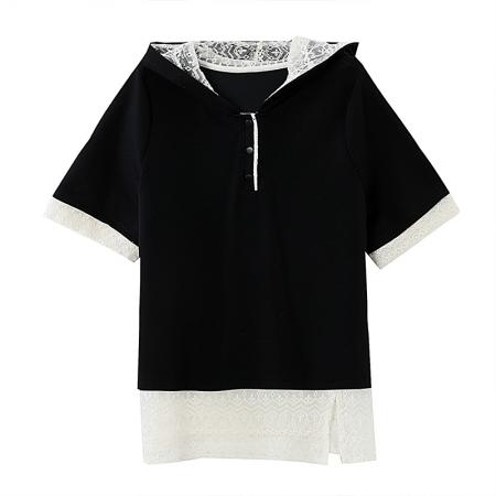 BY16338# 夏季新款韩版刺绣蕾丝拼接设计假两件大码连帽T恤女短袖 服裝批發女裝批發服飾貨源