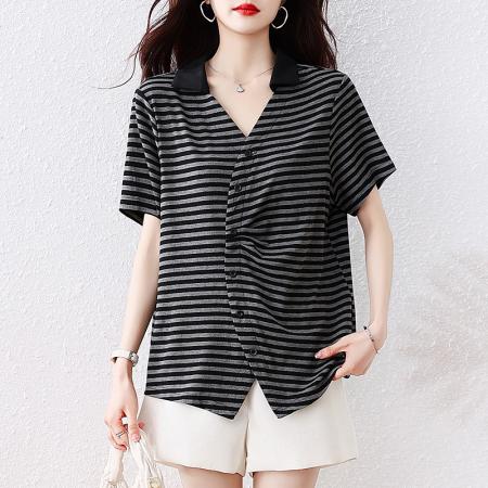BY16341# 短袖衬衫大码V领宽松显瘦上衣夏季新款条纹衬衣洋气T恤 服裝批發女裝批發服飾貨源