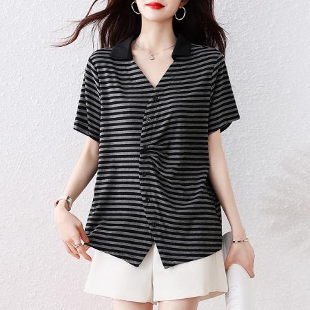 BY16341# 短袖衬衫大码V领宽松显瘦上衣夏季新款条纹衬衣洋气T恤 服裝批發女裝批發服飾貨源