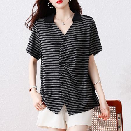 BY16341# 短袖衬衫大码V领宽松显瘦上衣夏季新款条纹衬衣洋气T恤 服裝批發女裝批發服飾貨源