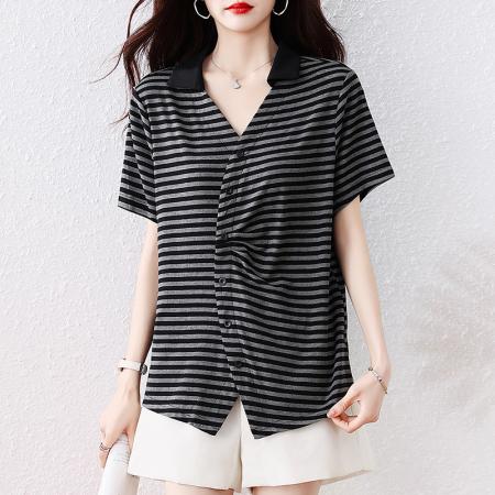 BY16341# 短袖衬衫大码V领宽松显瘦上衣夏季新款条纹衬衣洋气T恤 服裝批發女裝批發服飾貨源