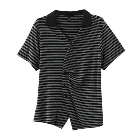 BY16341# 短袖衬衫大码V领宽松显瘦上衣夏季新款条纹衬衣洋气T恤 服裝批發女裝批發服飾貨源