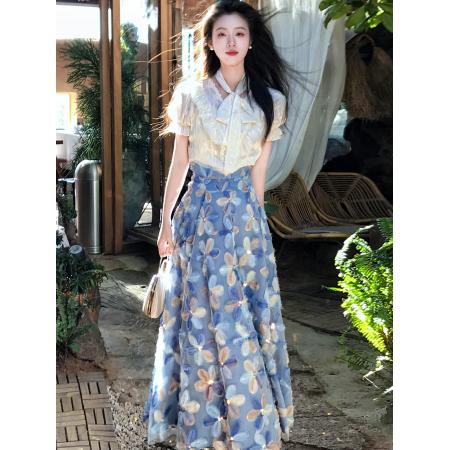BY16343# 湛影溯梦气质挂脖绑带花边短袖衬衫+小众立体花朵半身裙 服裝批發女裝批發服飾貨源