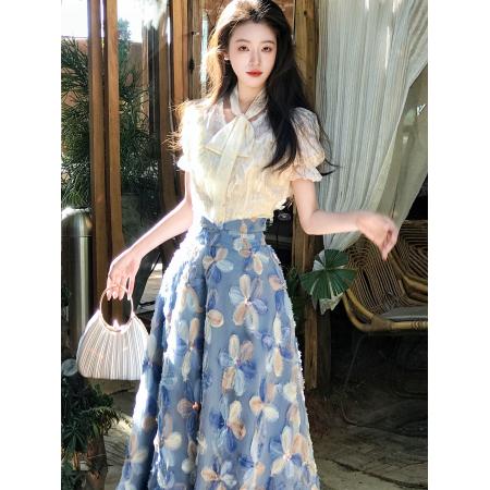 BY16343# 湛影溯梦气质挂脖绑带花边短袖衬衫+小众立体花朵半身裙 服裝批發女裝批發服飾貨源