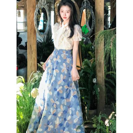 BY16343# 湛影溯梦气质挂脖绑带花边短袖衬衫+小众立体花朵半身裙 服裝批發女裝批發服飾貨源