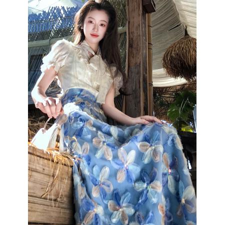 BY16343# 湛影溯梦气质挂脖绑带花边短袖衬衫+小众立体花朵半身裙 服裝批發女裝批發服飾貨源