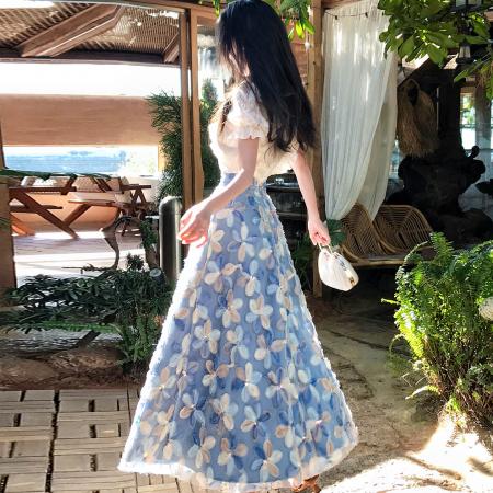 BY16343# 湛影溯梦气质挂脖绑带花边短袖衬衫+小众立体花朵半身裙 服裝批發女裝批發服飾貨源