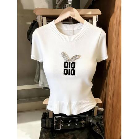 BY16345# 重工白色镶钻字母短袖针织衫女夏新款泡泡袖减龄洋气上衣ins 服裝批發女裝批發服飾貨源