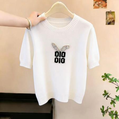 BY16345# 重工白色镶钻字母短袖针织衫女夏新款泡泡袖减龄洋气上衣ins 服裝批發女裝批發服飾貨源