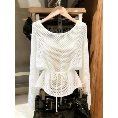 BY16346# 韩系白色慵懒冰丝套头罩衫宽松防晒百搭圆领上衣ins 服裝批發女裝批發服飾貨源