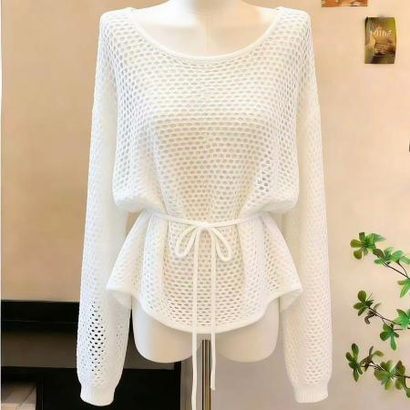 BY16346# 韩系白色慵懒冰丝套头罩衫宽松防晒百搭圆领上衣ins 服裝批發女裝批發服飾貨源