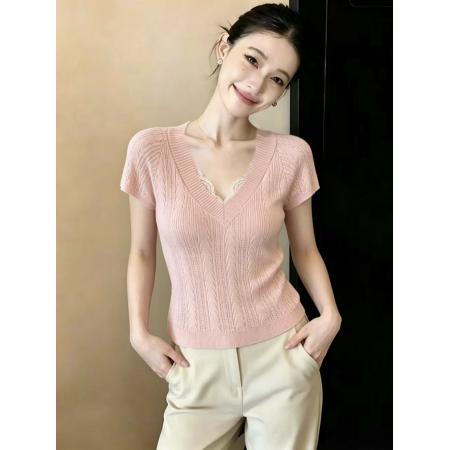 BY16347# 粉色v领修身显瘦针织短袖t恤内搭可外穿短款正肩小上衣夏chic 服裝批發女裝批發服飾貨源