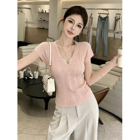BY16347# 粉色v领修身显瘦针织短袖t恤内搭可外穿短款正肩小上衣夏chic 服裝批發女裝批發服飾貨源