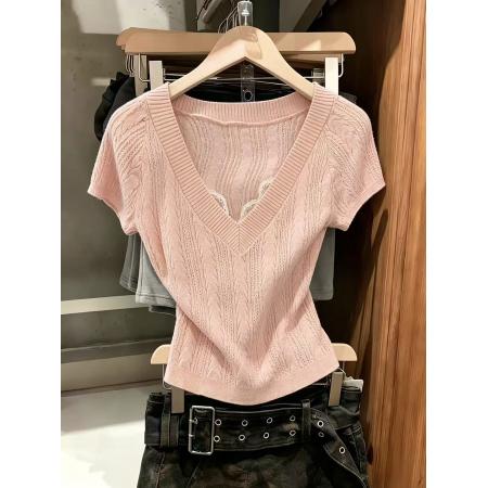 BY16347# 粉色v领修身显瘦针织短袖t恤内搭可外穿短款正肩小上衣夏chic 服裝批發女裝批發服飾貨源