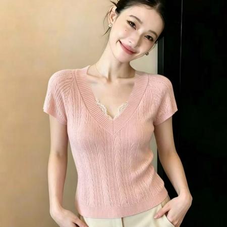 BY16347# 粉色v领修身显瘦针织短袖t恤内搭可外穿短款正肩小上衣夏chic 服裝批發女裝批發服飾貨源