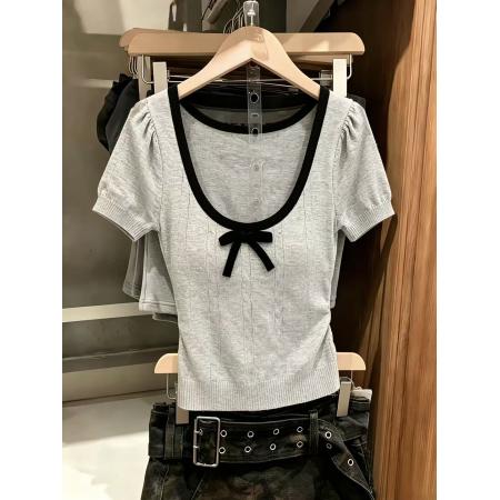 BY16348# U领蝴蝶结撞色短袖针织衫新款夏独特别致小众半袖设计感上衣 服裝批發女裝批發服飾貨源