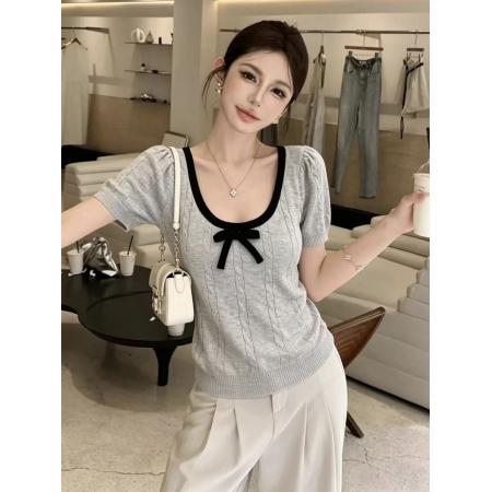 BY16348# U领蝴蝶结撞色短袖针织衫新款夏独特别致小众半袖设计感上衣 服裝批發女裝批發服飾貨源