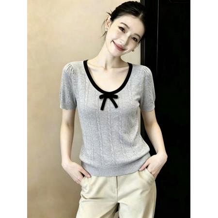 BY16348# U领蝴蝶结撞色短袖针织衫新款夏独特别致小众半袖设计感上衣 服裝批發女裝批發服飾貨源