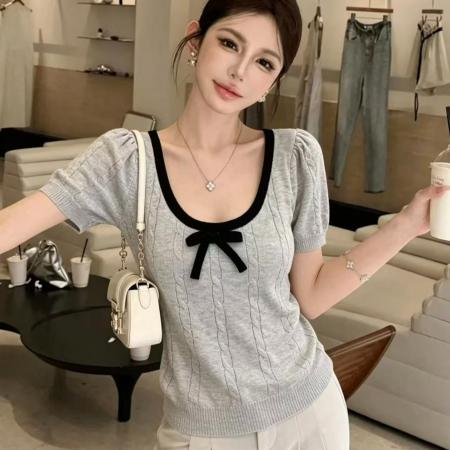 BY16348# U领蝴蝶结撞色短袖针织衫新款夏独特别致小众半袖设计感上衣 服裝批發女裝批發服飾貨源