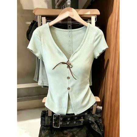 BY16349# 韩系系带蝴蝶结翻领短袖t恤女夏季新款修身短款上衣chic 服裝批發女裝批發服飾貨源