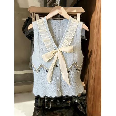 BY16350# 镂空针织马甲女夏季新款蝴蝶结亮片V领荷叶边无袖背心上衣chi 服裝批發女裝批發服飾貨源