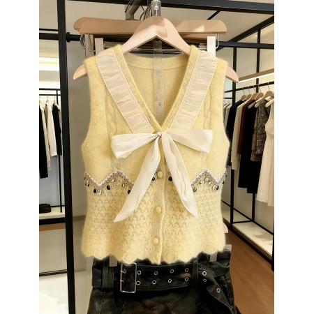 BY16350# 镂空针织马甲女夏季新款蝴蝶结亮片V领荷叶边无袖背心上衣chi 服裝批發女裝批發服飾貨源