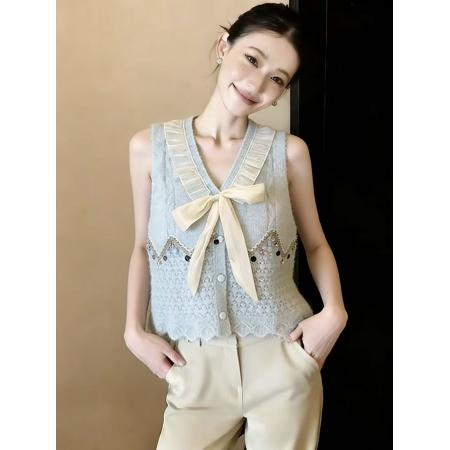 BY16350# 镂空针织马甲女夏季新款蝴蝶结亮片V领荷叶边无袖背心上衣chi 服裝批發女裝批發服飾貨源