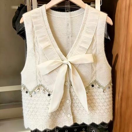 BY16350# 镂空针织马甲女夏季新款蝴蝶结亮片V领荷叶边无袖背心上衣chi 服裝批發女裝批發服飾貨源