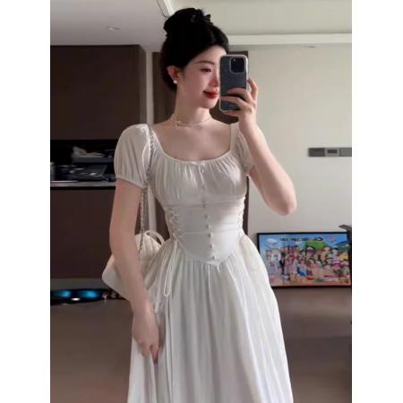 BY16352# 夏季新款女装显瘦白色连衣裙法式复古设计感绑带收腰长裙 服裝批發女裝批發服飾貨源