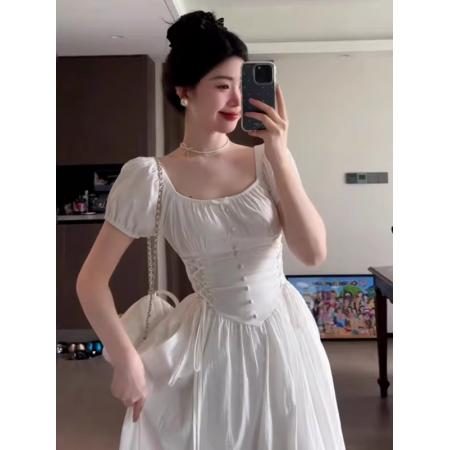 BY16352# 夏季新款女装显瘦白色连衣裙法式复古设计感绑带收腰长裙 服裝批發女裝批發服飾貨源