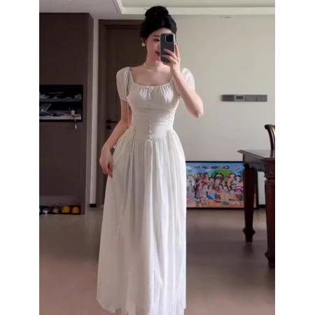 BY16352# 夏季新款女装显瘦白色连衣裙法式复古设计感绑带收腰长裙 服裝批發女裝批發服飾貨源