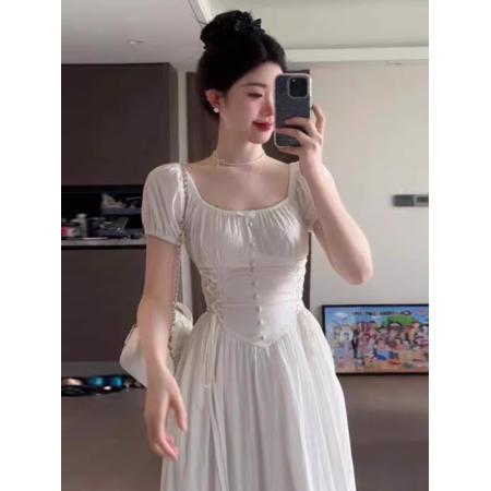 BY16352# 夏季新款女装显瘦白色连衣裙法式复古设计感绑带收腰长裙 服裝批發女裝批發服飾貨源