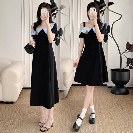 BY16353# 大码学院风甜美翻领连衣裙女夏季胖mm显瘦俏皮可爱收腰小黑裙 服裝批發女裝批發服飾貨源