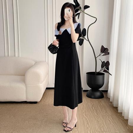 BY16353# 大码学院风甜美翻领连衣裙女夏季胖mm显瘦俏皮可爱收腰小黑裙 服裝批發女裝批發服飾貨源