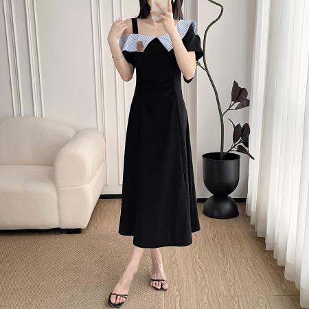 BY16353# 大码学院风甜美翻领连衣裙女夏季胖mm显瘦俏皮可爱收腰小黑裙 服裝批發女裝批發服飾貨源