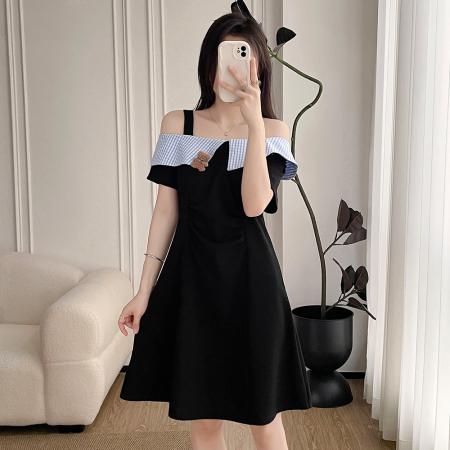 BY16353# 大码学院风甜美翻领连衣裙女夏季胖mm显瘦俏皮可爱收腰小黑裙 服裝批發女裝批發服飾貨源