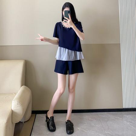 BY16354# 夏季大码女装深蓝色珍珠装饰网纱拼接假两件短款显瘦套装 服裝批發女裝批發服飾貨源