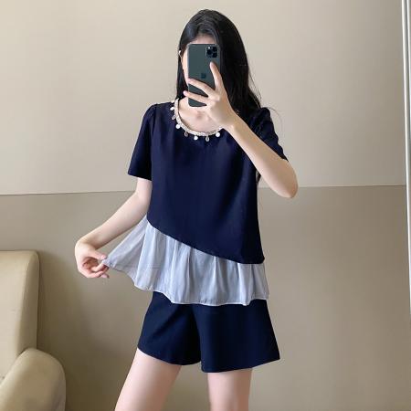 BY16354# 夏季大码女装深蓝色珍珠装饰网纱拼接假两件短款显瘦套装 服裝批發女裝批發服飾貨源