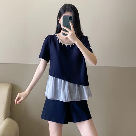 BY16354# 夏季大码女装深蓝色珍珠装饰网纱拼接假两件短款显瘦套装 服裝批發女裝批發服飾貨源