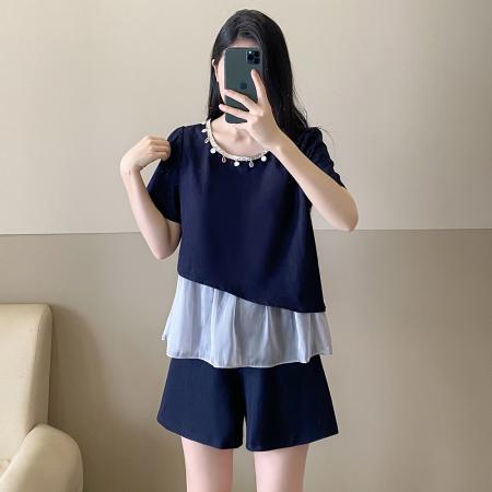 BY16354# 夏季大码女装深蓝色珍珠装饰网纱拼接假两件短款显瘦套装 服裝批發女裝批發服飾貨源