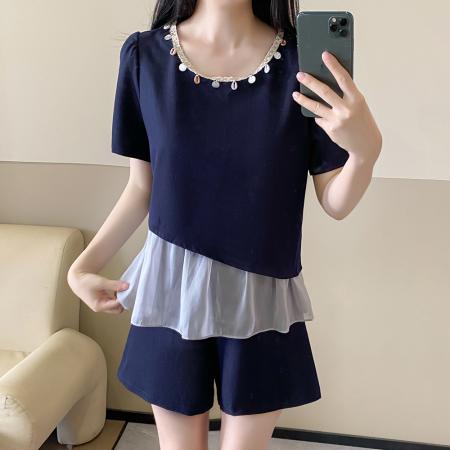 BY16354# 夏季大码女装深蓝色珍珠装饰网纱拼接假两件短款显瘦套装 服裝批發女裝批發服飾貨源