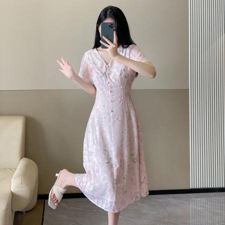 BY16355# 法式温柔风V领碎花连衣裙女大码显瘦气质减龄中长裙 服裝批發女裝批發服飾貨源