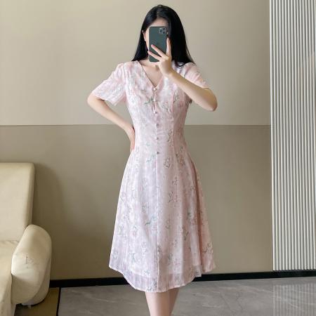 BY16355# 法式温柔风V领碎花连衣裙女大码显瘦气质减龄中长裙 服裝批發女裝批發服飾貨源