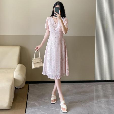 BY16355# 法式温柔风V领碎花连衣裙女大码显瘦气质减龄中长裙 服裝批發女裝批發服飾貨源