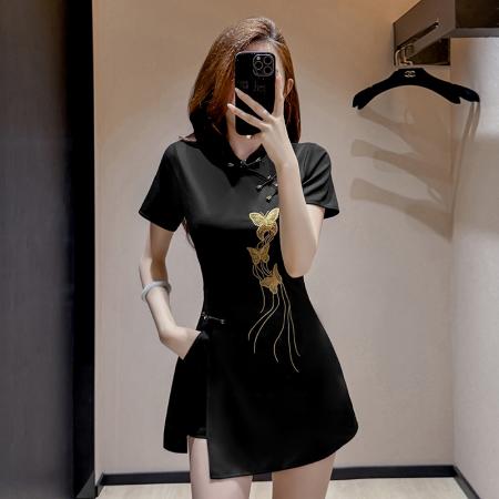 BY16360# 夏季新款新中式绣花改良旗袍收腰显瘦性感时尚套装两件套 服裝批發女裝批發服飾貨源