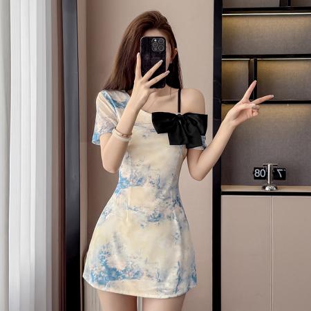 BY16363# 夏季新款法式时尚性感设计感收腰显瘦露肩连衣裙套装 服裝批發女裝批發服飾貨源