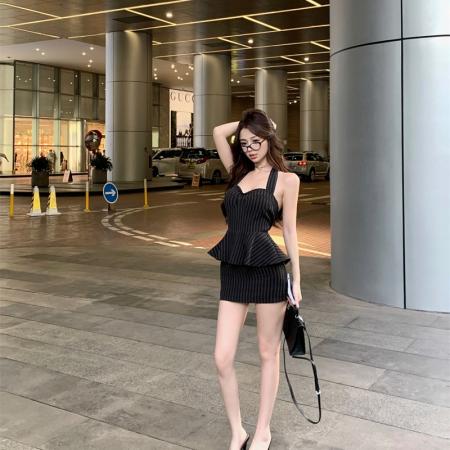 BY16376# 条纹挂脖连衣裙纯欲性感抹胸收腰短裙包臀裙 服裝批發女裝批發服飾貨源