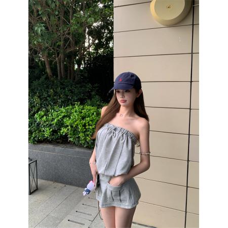 BY16384# 抽绳松紧抹胸裙撞色线收腰显瘦卫衣连衣裙 服裝批發女裝批發服飾貨源